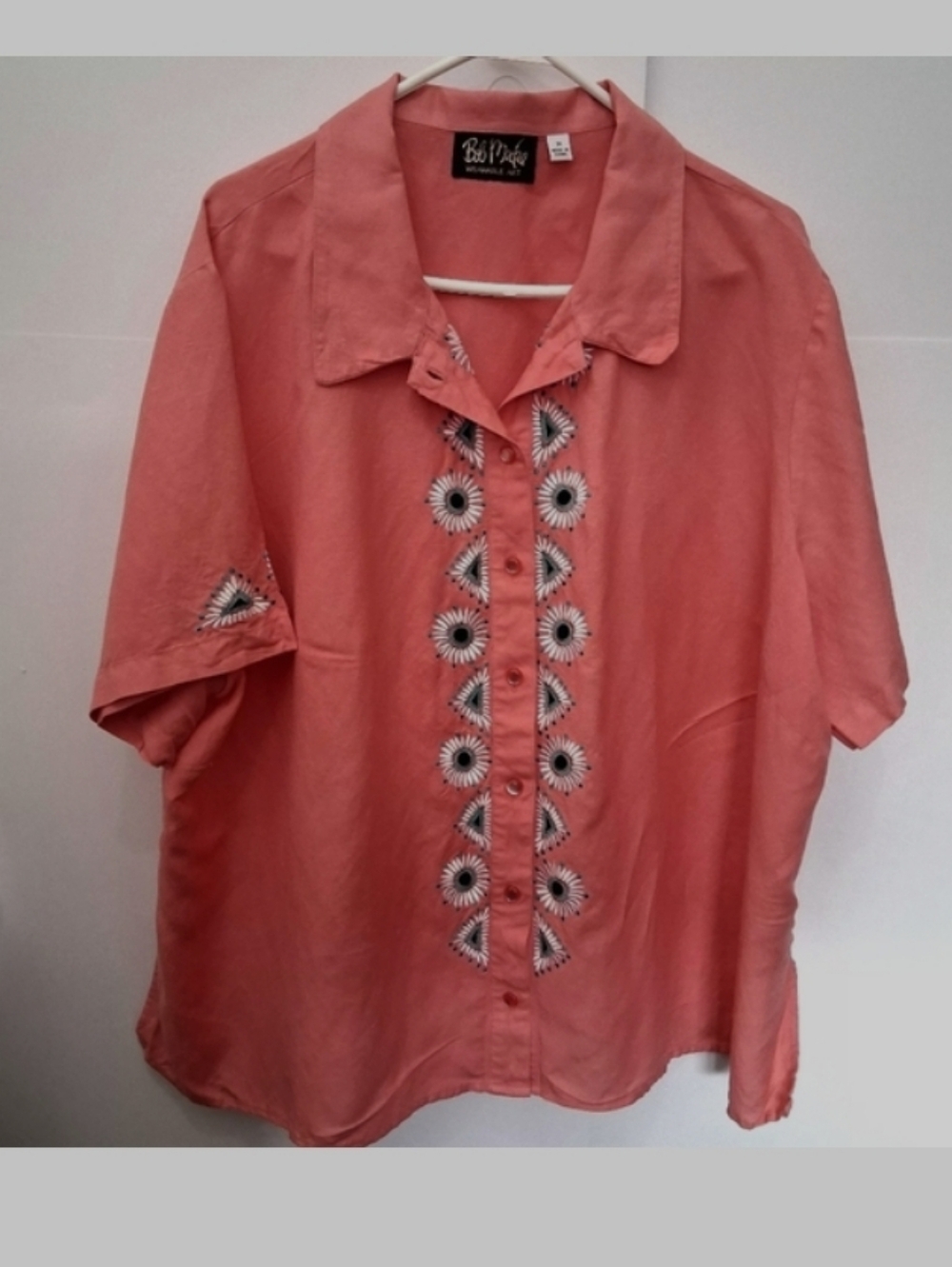 Bob Mackie Wearable Art Sz 3X Coral Embroidered Linen Rayon Button-Down Blouse